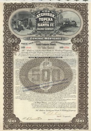 Atchison, Topeka and Santa Fe Railroad Co. - $500 Railway Gold Bond - "The Santa Fe"