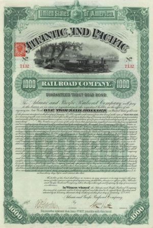 Atlantic and Pacific Railroad Co. - 1887 dated $1,000 Uncanceled Railway Gold Bond (Uncanceled)