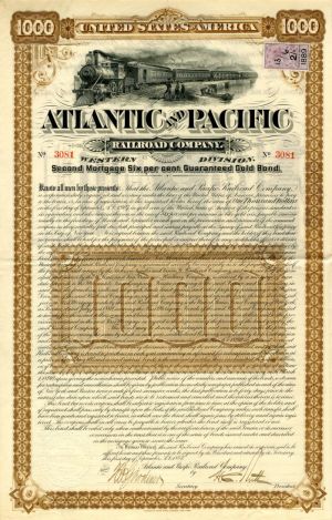 Atlantic and Pacific Railroad - 1887 dated $1,000 Railway Vertical Bond (Uncanceled)