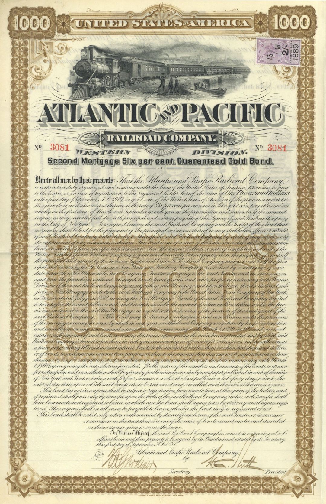 Atlantic and Pacific Railroad - 1887 dated $1,000 Railway Vertical Bond (Uncanceled)