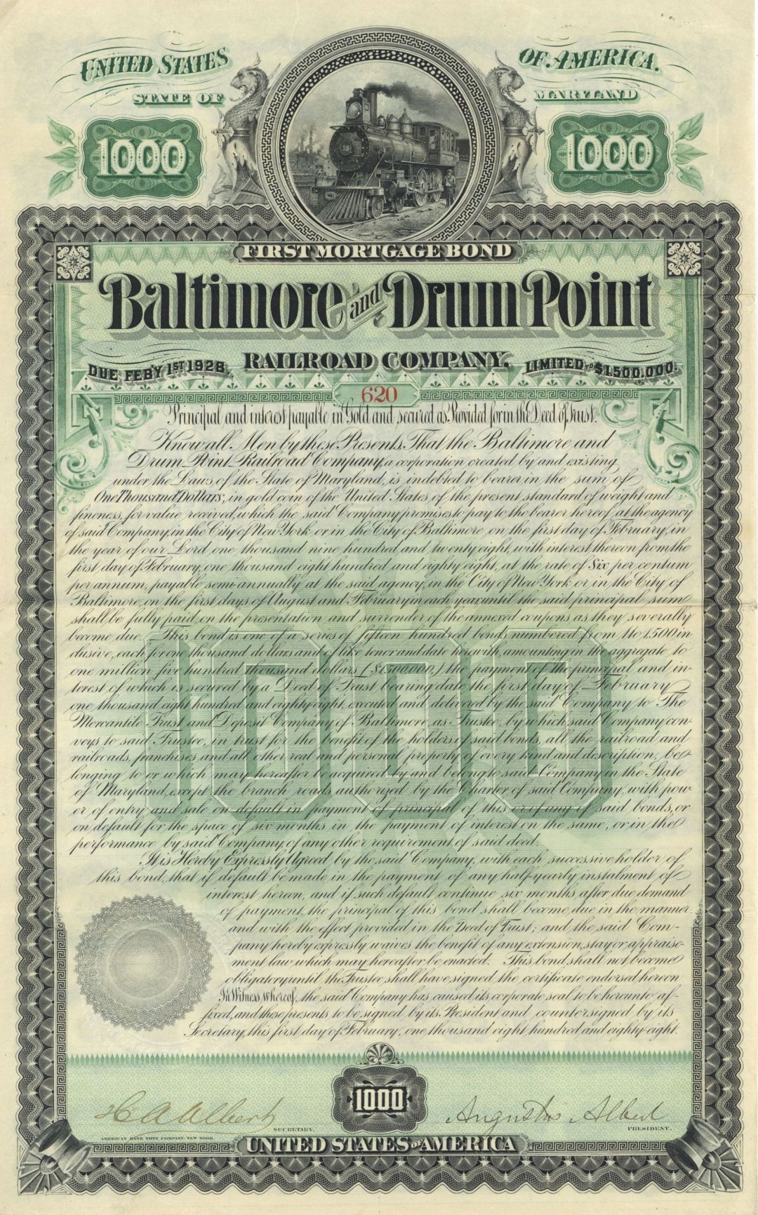 Baltimore and Drum Point Railroad - 1888 dated $1,000 Railway Gold Bond (Uncanceled)