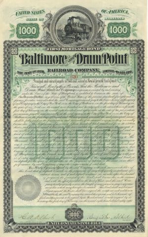 Baltimore and Drum Point Railroad - 1888 dated $1,000 Railway Gold Bond (Uncanceled)