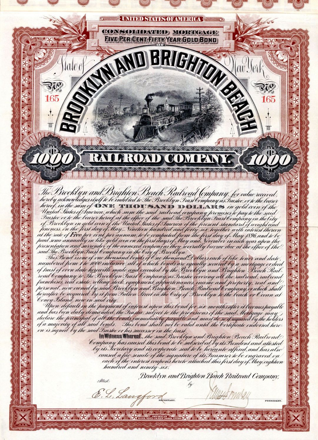 Brooklyn and Brighton Beach Railroad Co. - 1896 dated $1,000 5% Railway Gold Bond (Uncanceled)