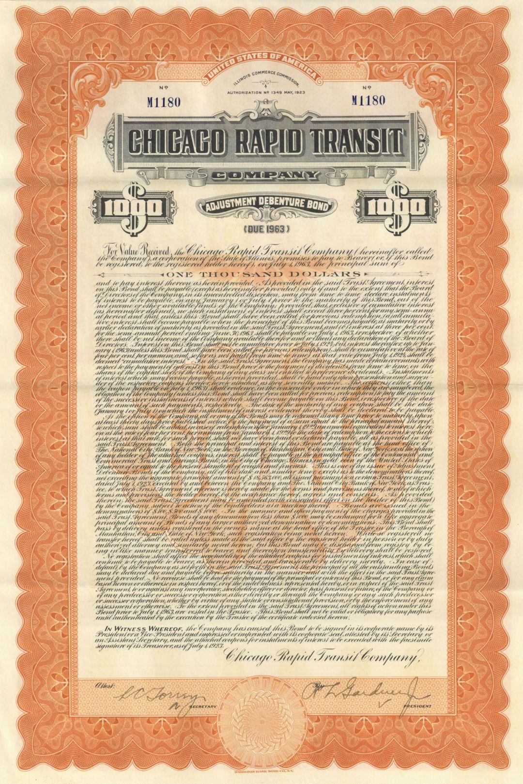 Chicago Rapid Transit Co.- 1923 dated $1,000 Railway Bond (Uncanceled) - Railroad Adjustment Debenture Bond
