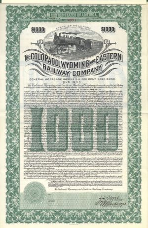 Colorado, Wyoming and Eastern Railway - 1914 dated $1,000 Railroad Gold Bond (Uncanceled) - Extremely Rare
