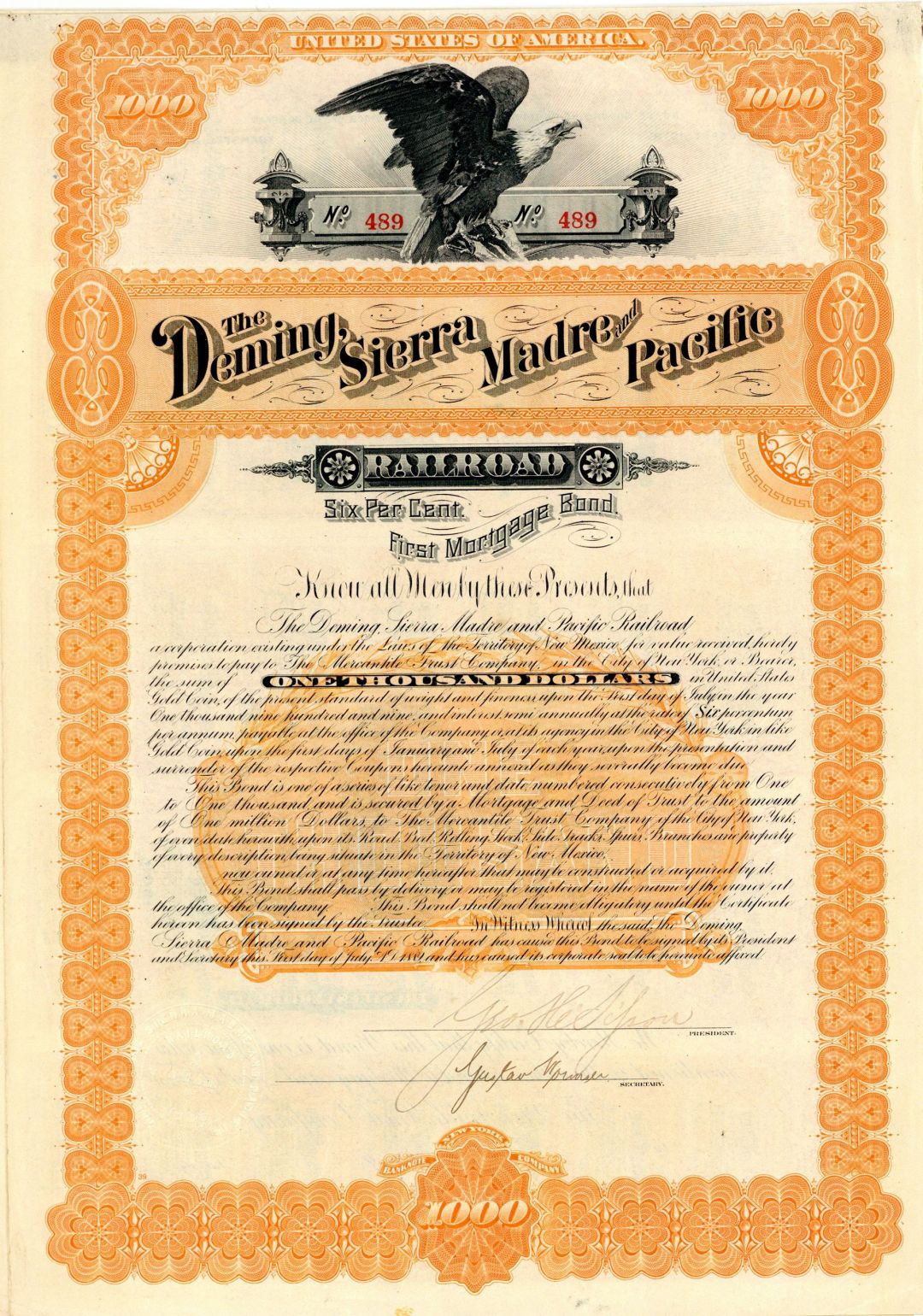 Deming, Sierra Madre and Pacific Railroad Gold Bond - 1889 dated $1,000 6% First Mortgage Railway Uncanceled Bond