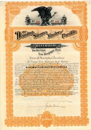 1889 dated Deming, Sierra Madre and Pacific Railroad Gold Bond - $1,000 6% First Mortgage Railway Uncanceled Bond