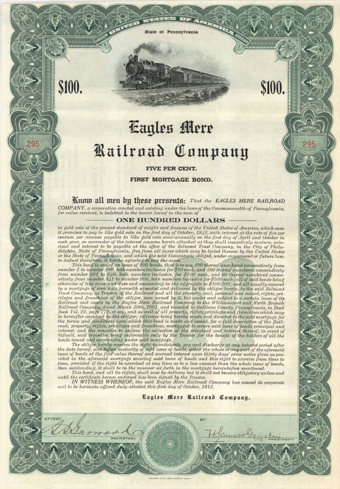 Eagles Mere Railroad Co. - $100 1912 dated Bond (Uncanceled)