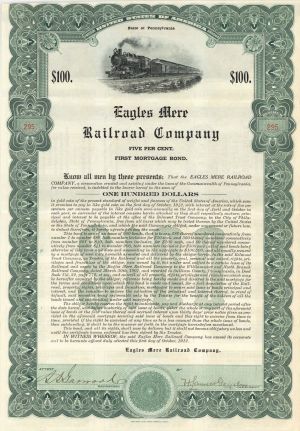Eagles Mere Railroad Co. - $100 1912 dated Bond (Uncanceled)