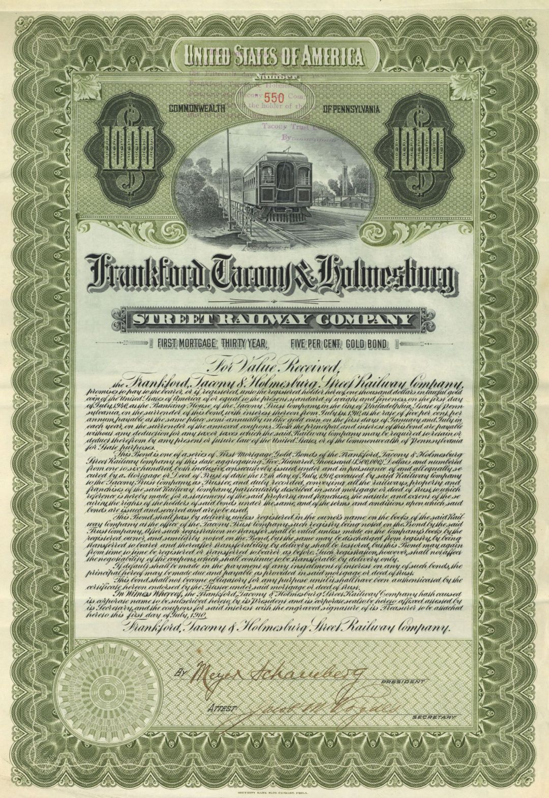 Frankford, Tacony and Holmesburg Street Railway Co. - Please Choose Which Type - $1,000 or $500 Railroad Gold Bond (Uncanceled)