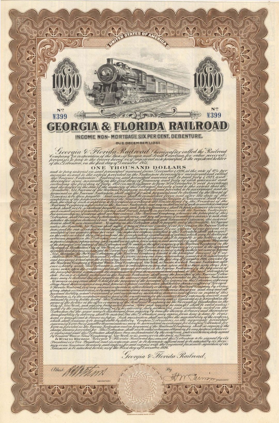 Georgia and Florida Railroad - 1926 dated $1,000 Bond (Uncanceled)