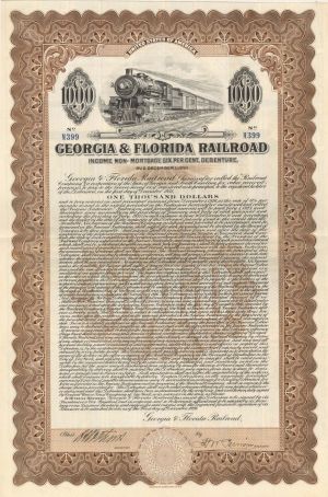 Georgia and Florida Railroad - 1926 dated $1,000 Bond (Uncanceled)