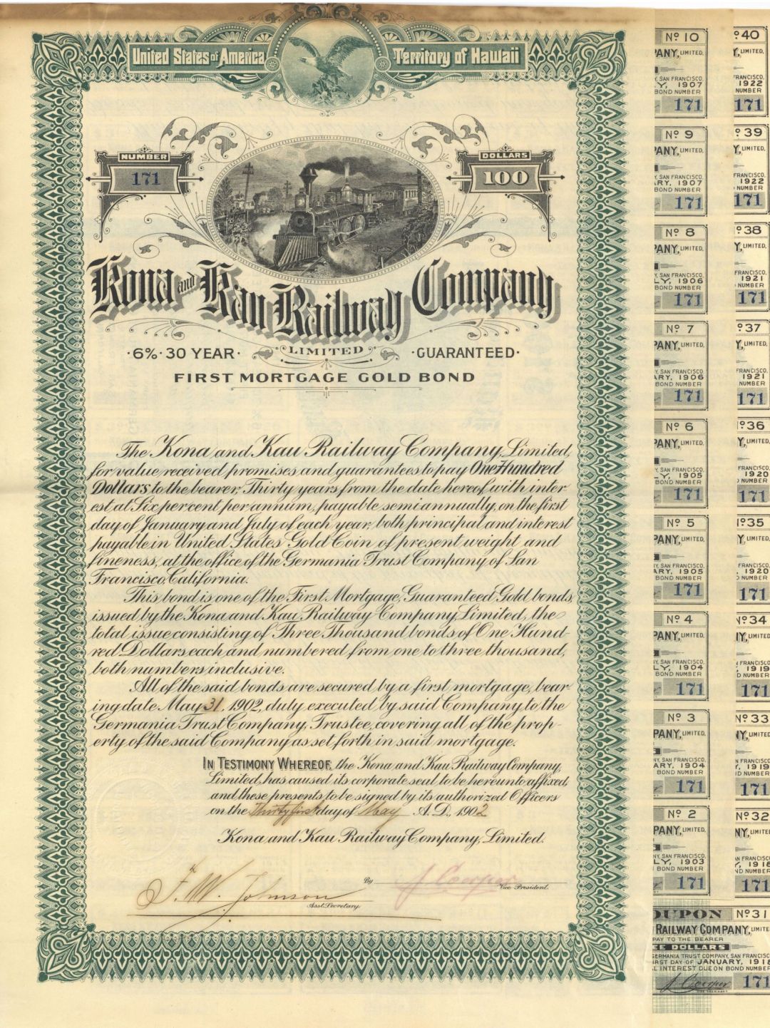 Kona and Kau Railway Co. - 1902 dated $100 Hawaiian Uncanceled Bond - Hawaii - Cut at Top - Very Rare State