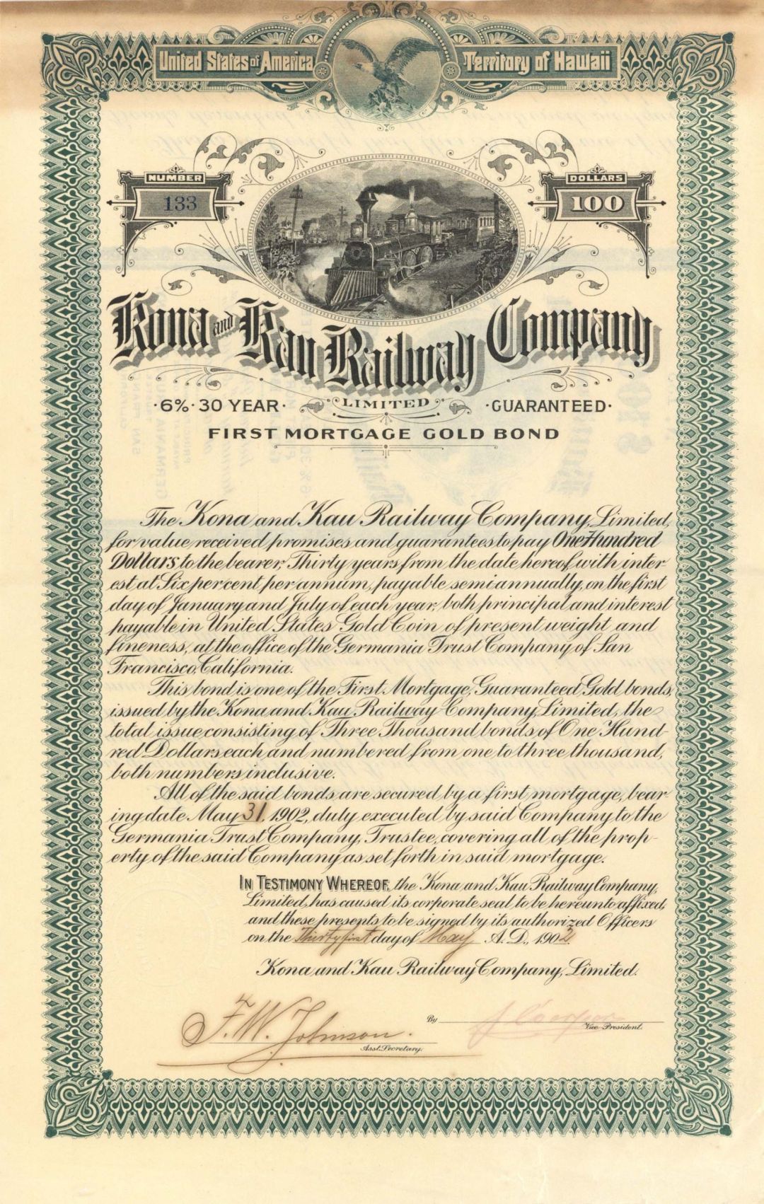 Kona and Kau Railway Co. - 1902 dated $100 Bond (Uncanceled)