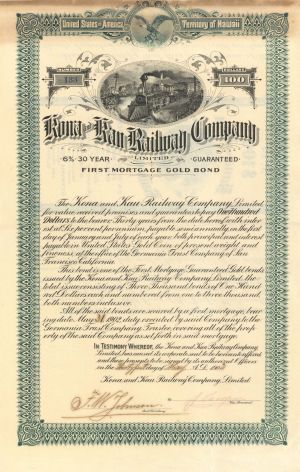 Kona and Kau Railway Co. - 1902 dated $100 Bond (Uncanceled)