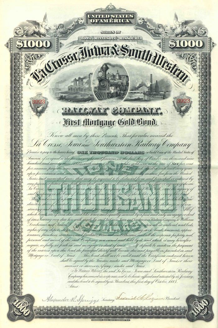 Lacrosse, Iowa and South Western Railway - $1,000 Uncancelled Gold Bond (Uncanceled)