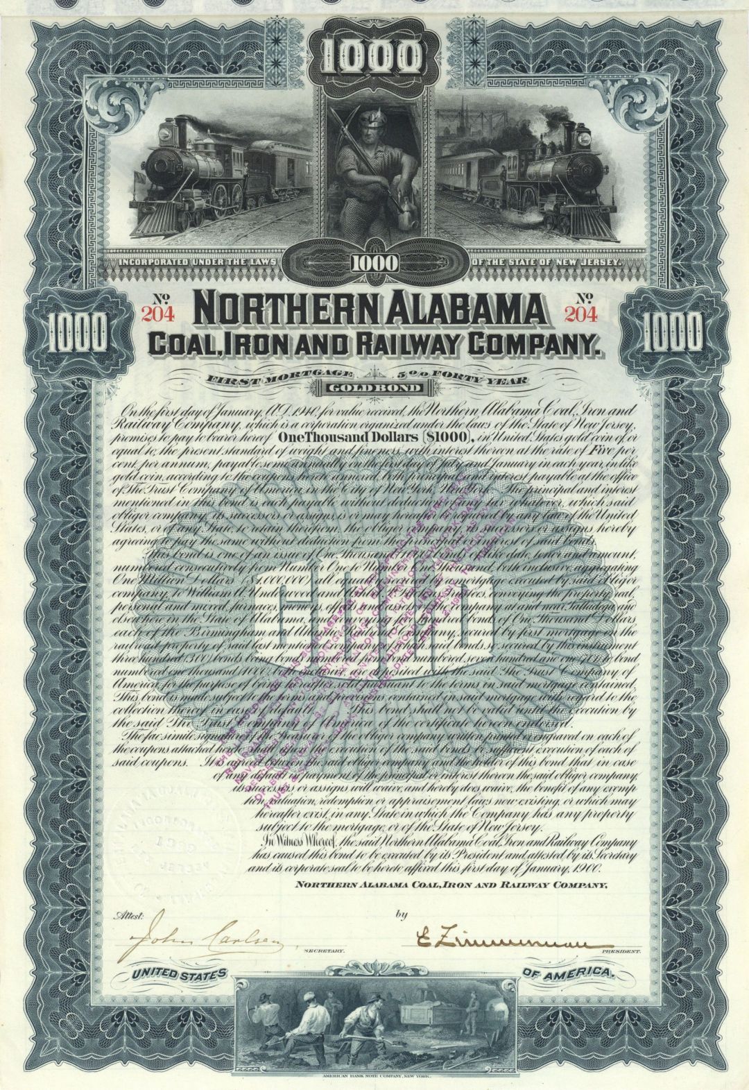 Northern Alabama Coal, Iron and Railway Co. - 1900 dated $1,000 5% Gorgeous Railroad Gold Bond (Uncanceled)