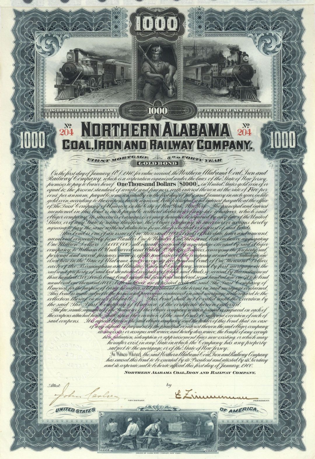 Northern Alabama Coal, Iron and Railway Co. - 1900 dated $1,000 5% Railroad Gold Bond (Uncanceled)