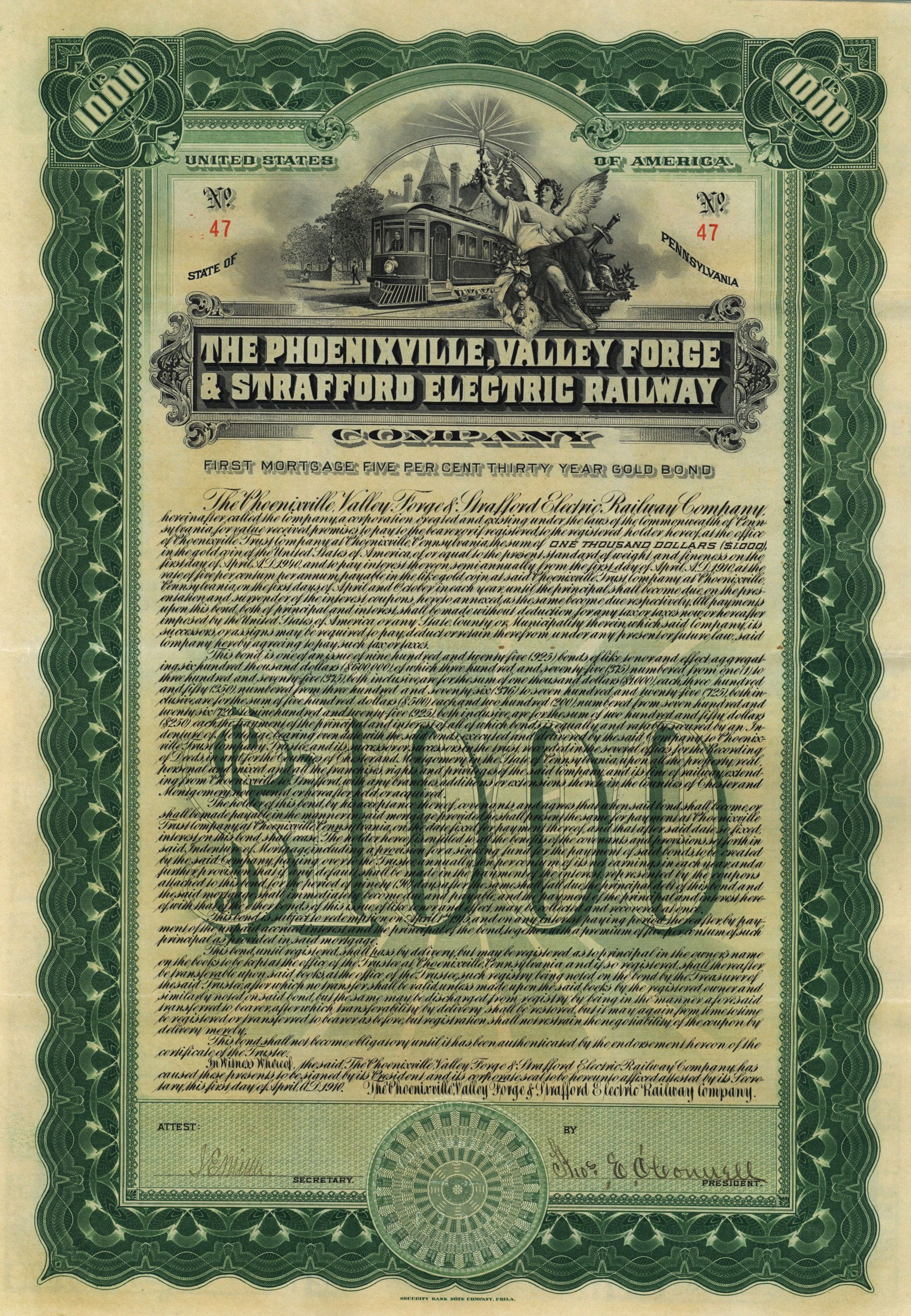 Phoenixville, Valley Forge and Strafford Electric Railway - Uncanceled Railroad Gold Bond