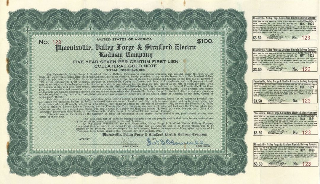 Phoenixville, Valley Forge and Strafford Electric Railway Co. - 1920 dated $100 Railroad Bond