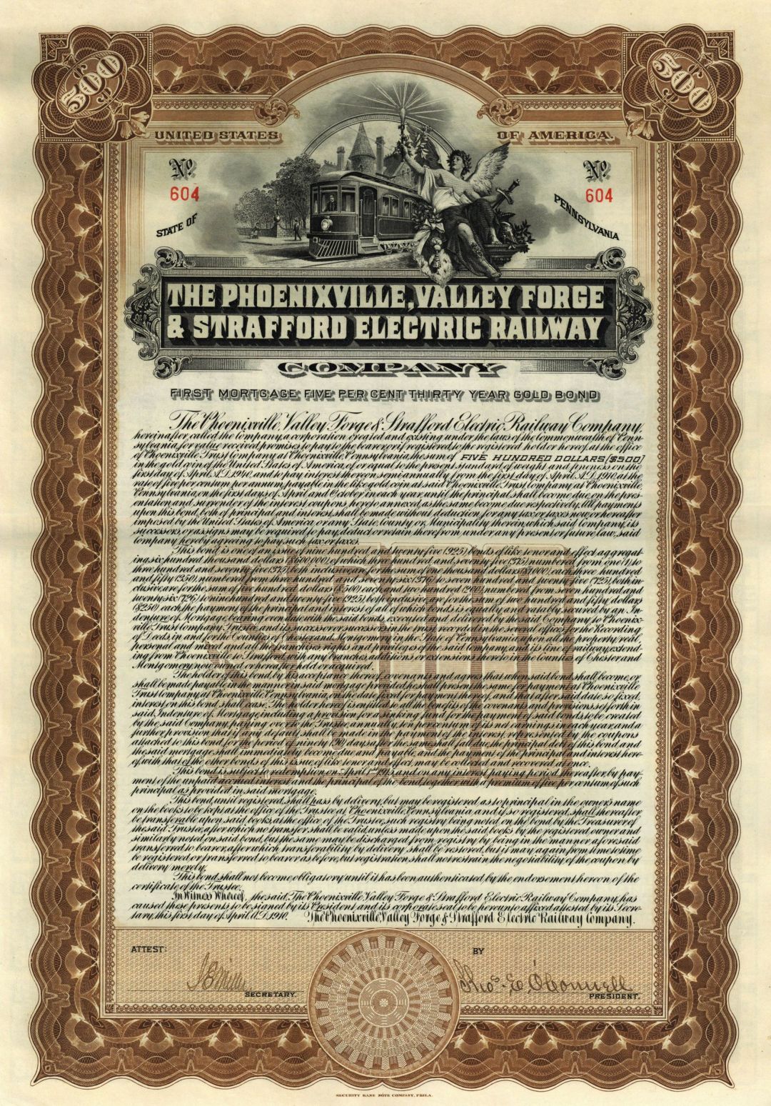Phoenixville, Valley Forge and Strafford Electric Railway - 1910 dated $500 Brown Uncanceled Railroad Gold Bond