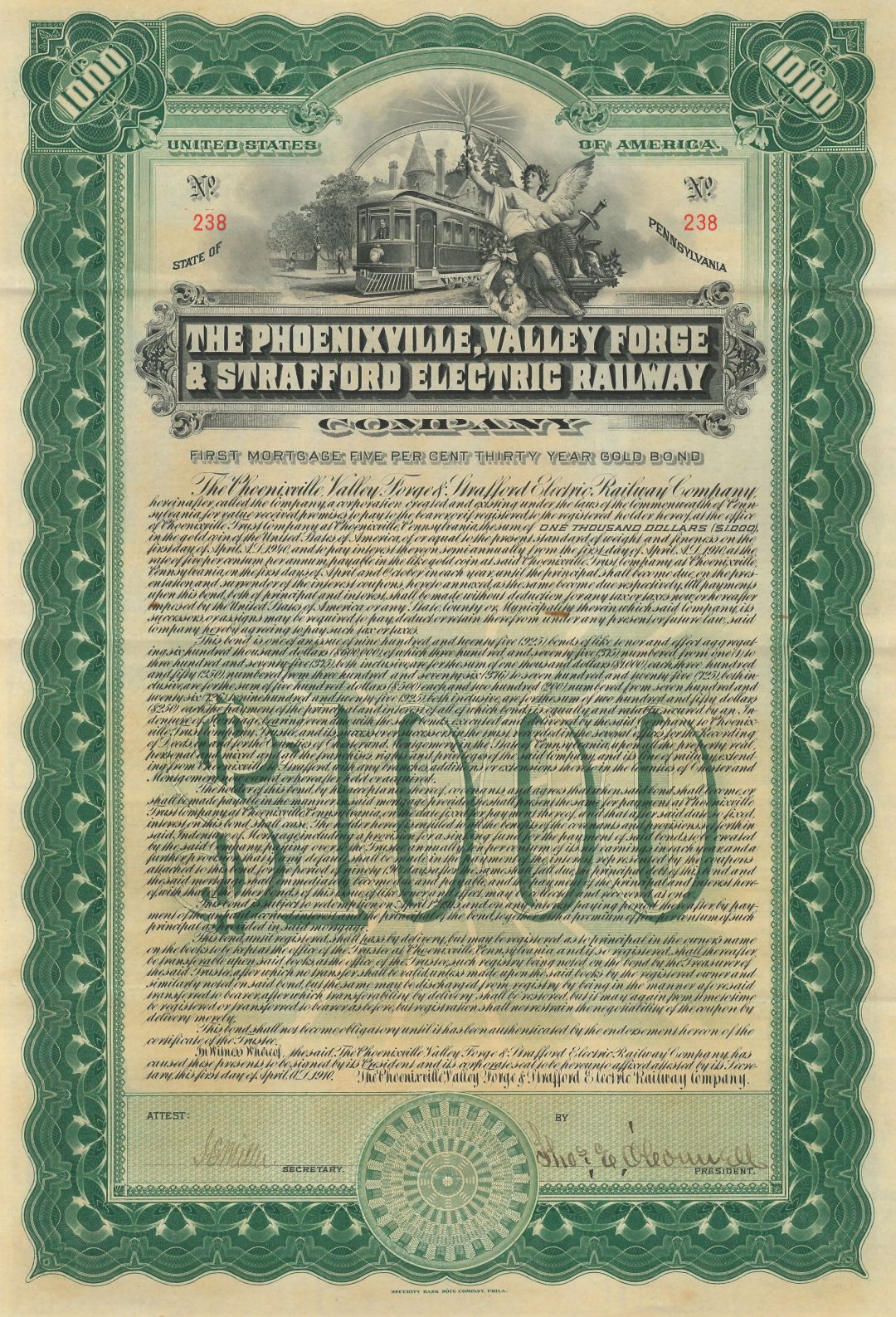 Phoenixville, Valley Forge and Strafford Electric Railway - 1910 dated $1,000 Green Uncanceled Railroad Gold Bond