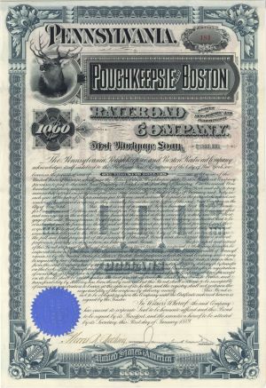 Pennsylvania, Poughkeepsie and Boston Railroad Co. - $1,000 1889 dated Bond (Uncanceled)