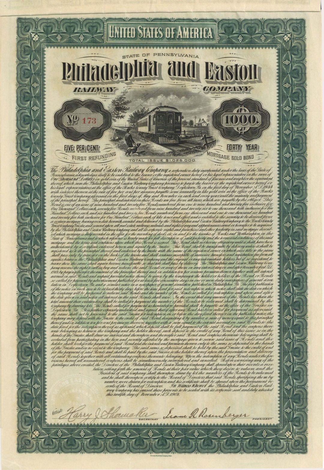 Philadelphia and Easton Railway Co. - $1,000 1904 dated Bond (Uncanceled)