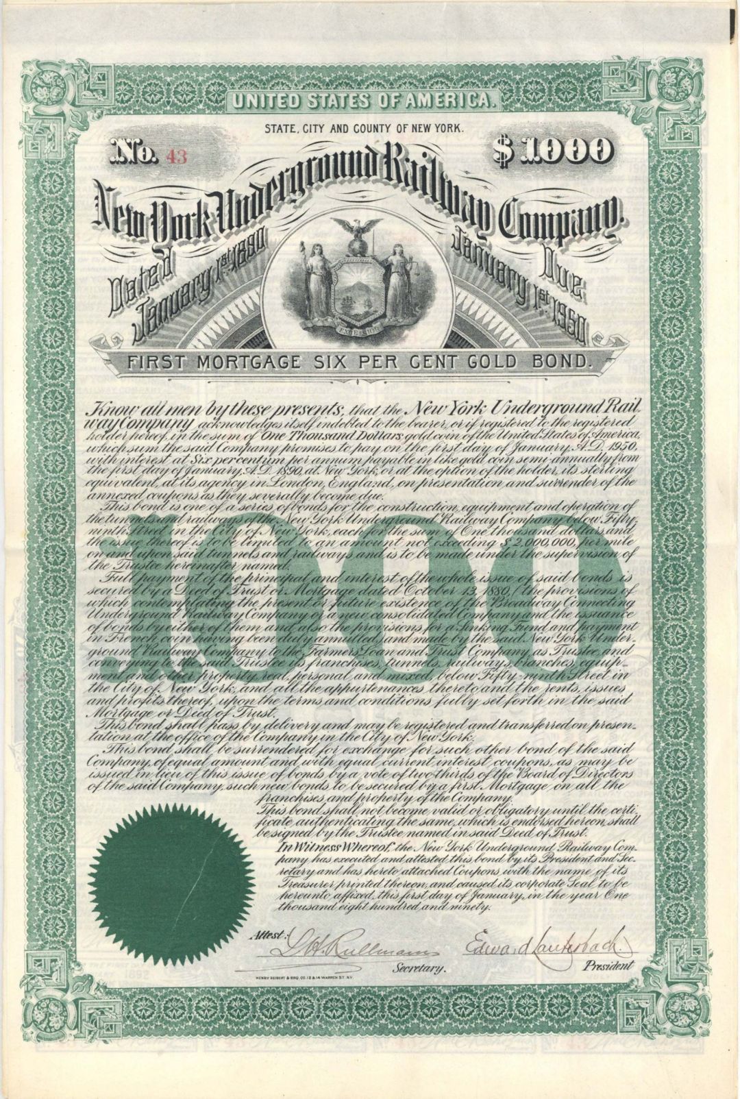 New York Underground Railway Co. - $1,000 1890 dated Bond (Uncanceled)