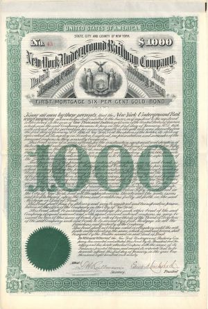 New York Underground Railway Co. - $1,000 1890 dated Bond (Uncanceled)