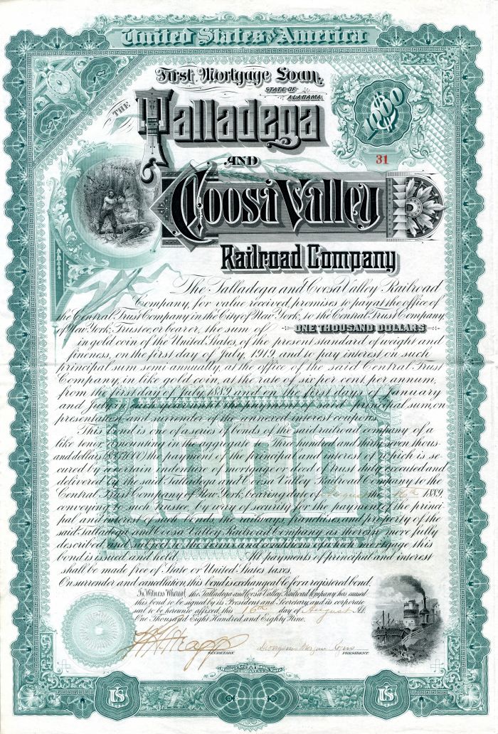 Talladega and Coosa Valley Railroad Co. - $1,000 - Bond (Uncanceled)