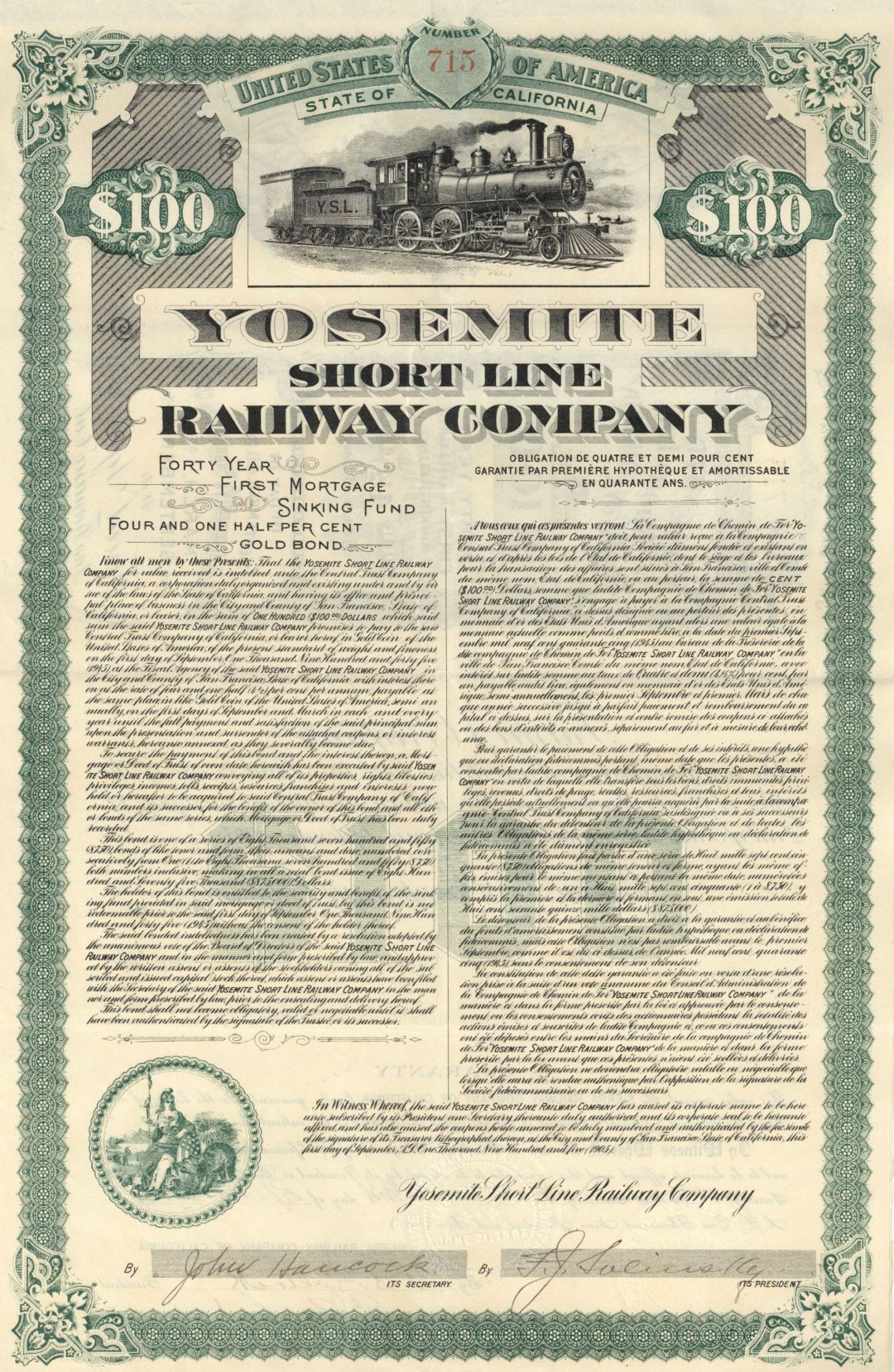 Yosemite Short Line Railway Co. - 1905 dated $100 California Railroad Bond (Uncanceled)