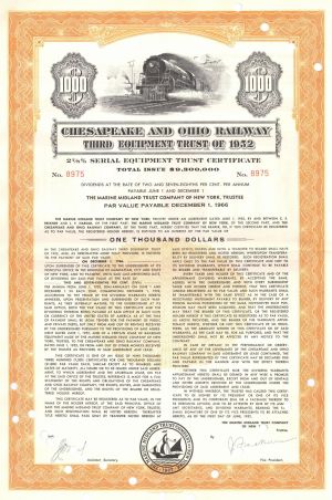 Chesapeake and Ohio Railway - 1952 dated $1,000 Railroad Third Equipment Trust Bond