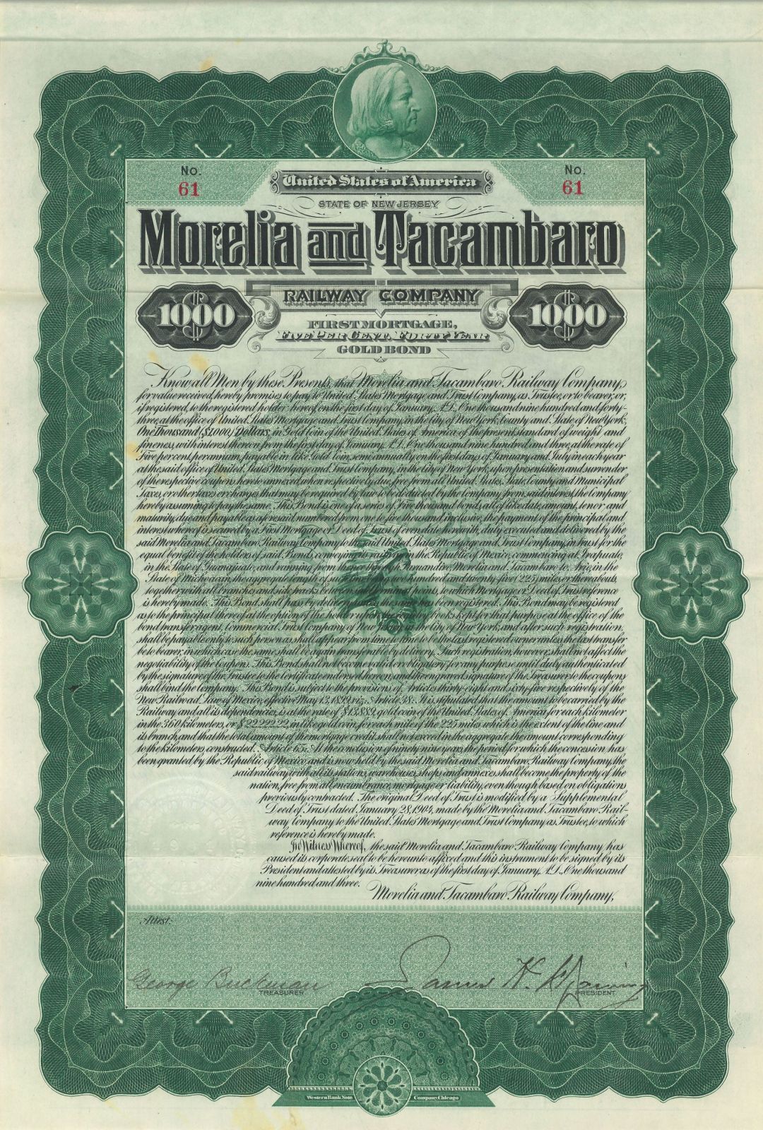 Morelia and Tacambaro Railway - Bond (Uncanceled)