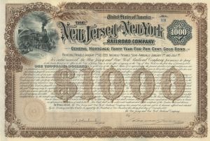 New Jersey and New York Railroad Co. - 1892 dated Railway Gold Bond (Uncanceled)