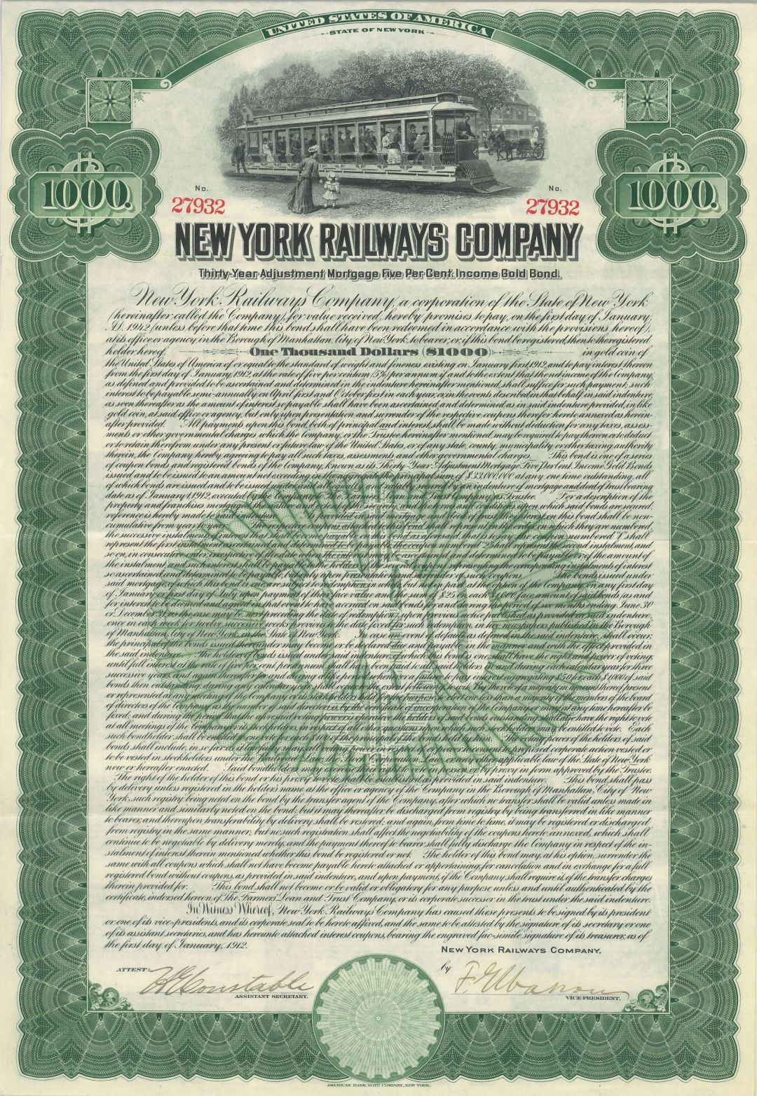 New York Railways - 1912 dated Railroad Gold Bond (Uncanceled)