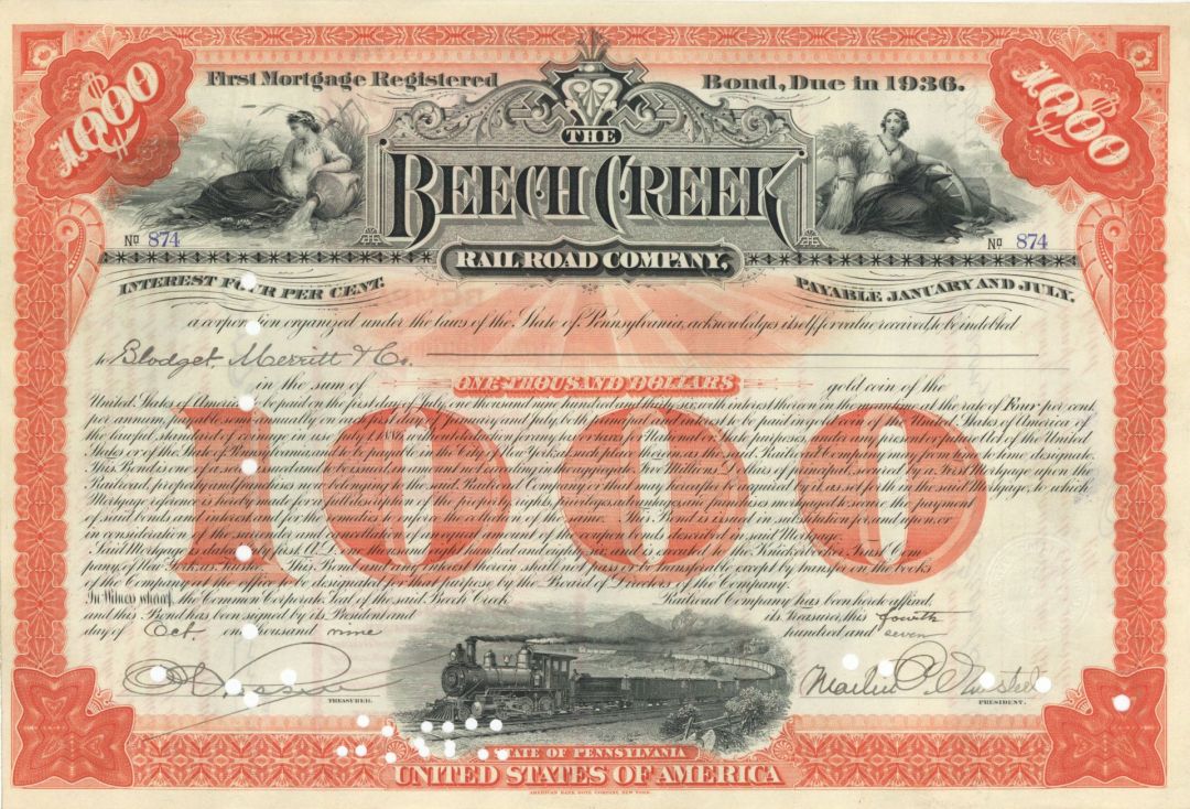 Beech Creek Railroad Co. - 1900's-1910's dated $1,000 Railway Bond - Gorgeous Design