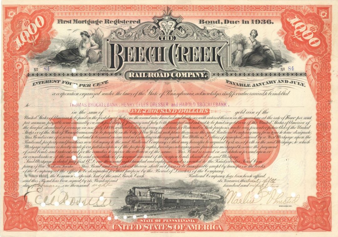 Beech Creek Railroad Co. - 1900's-1910's dated $1,000 Railway Bond - Gorgeous Design