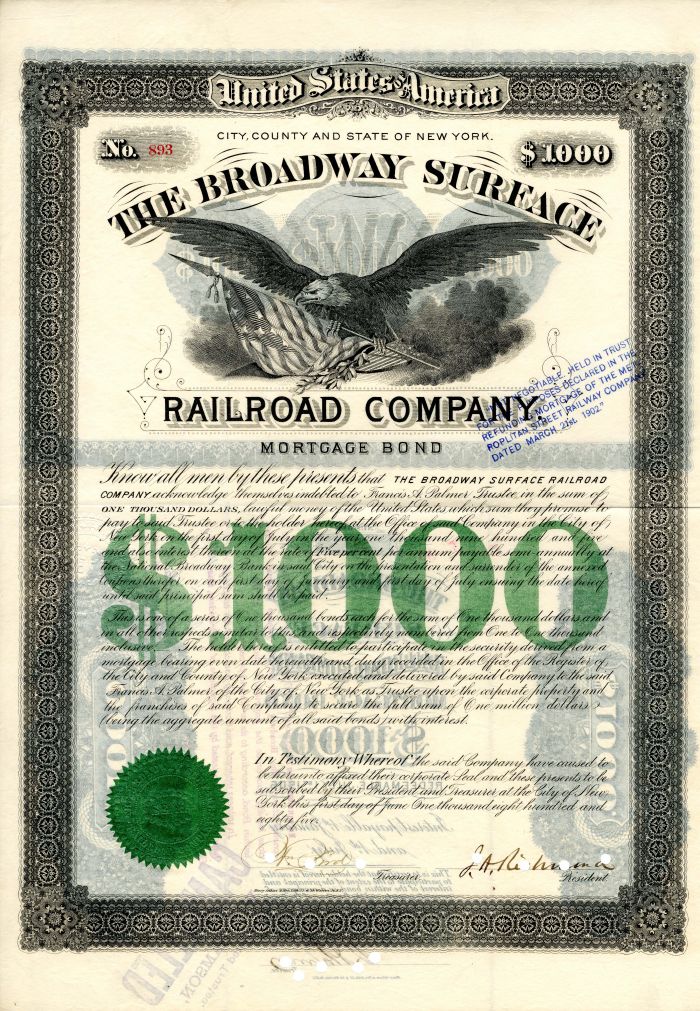 Broadway Surface Railroad Co. - 1885 dated $1,000 New York City Railway Bond