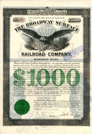 Broadway Surface Railroad Co. - New York City - Bond