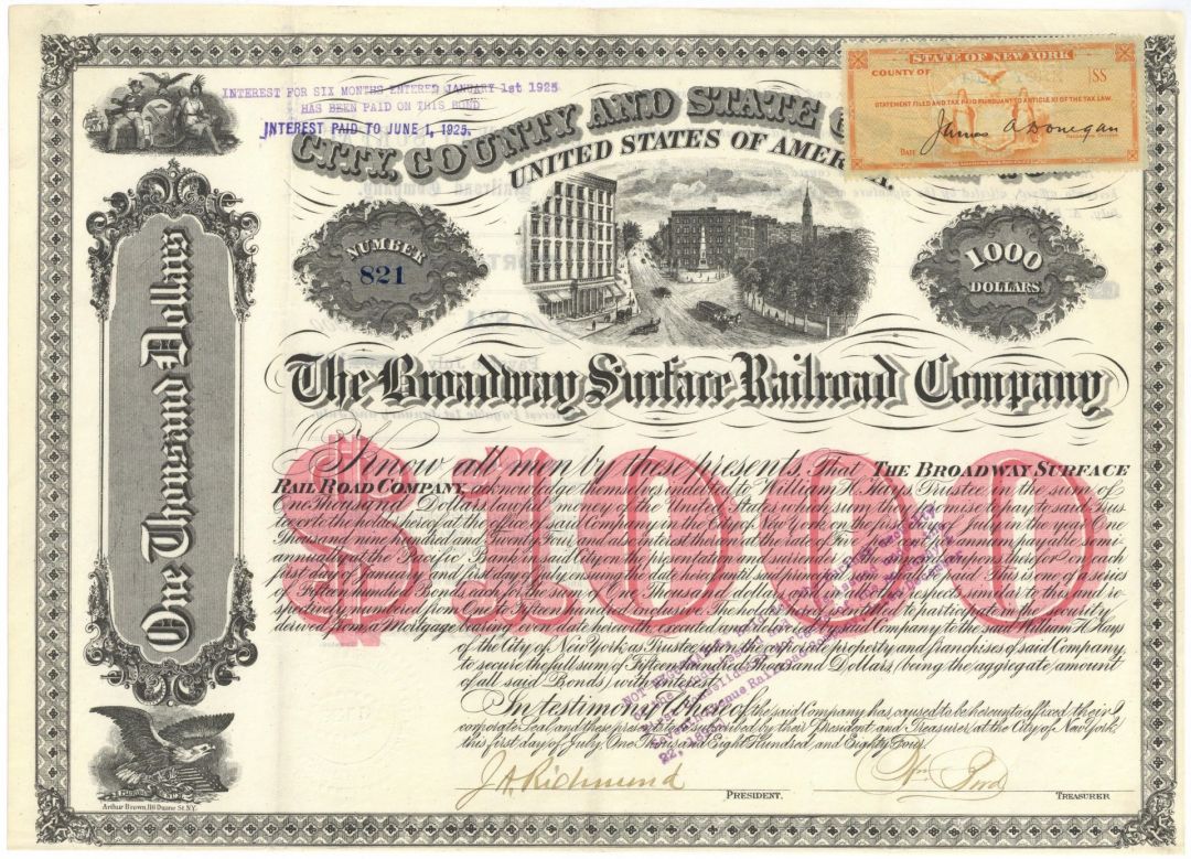 Broadway Surface Railroad - 1884 dated $1,000 New York City Railway Bond