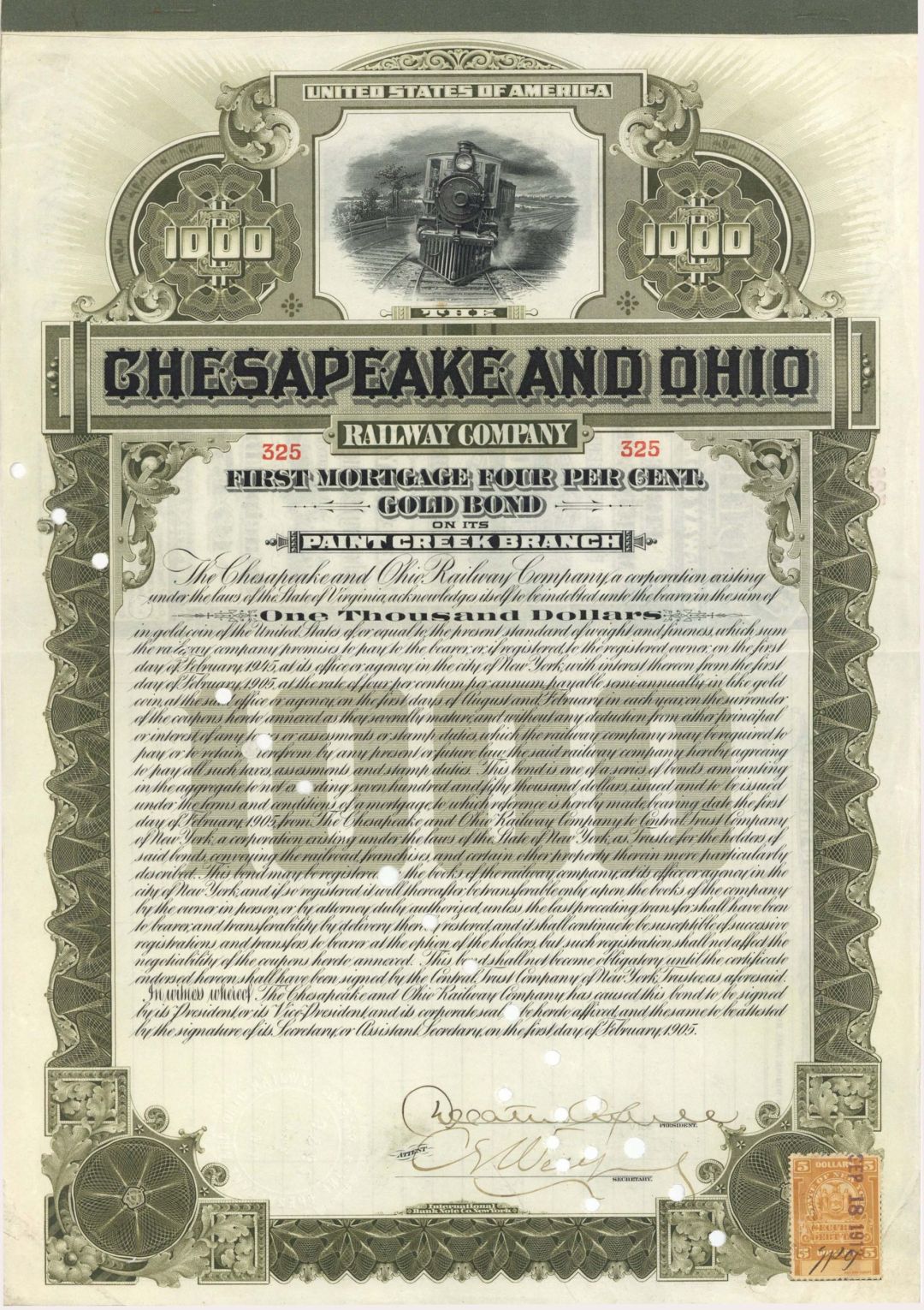 Chesapeake and Ohio Railway Co. - 1905 or 1906 dated $1,000 Railroad Bond