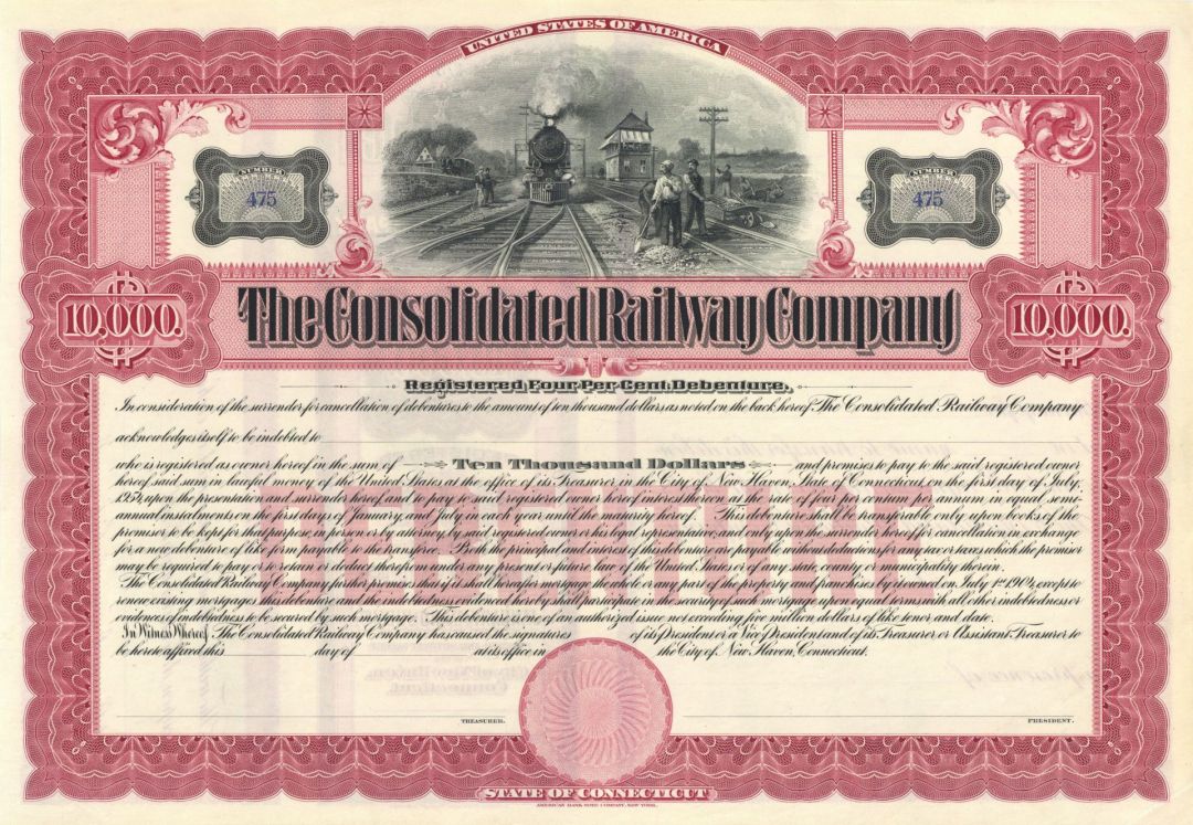 Consolidated Railway Co. - 1930's circa $10,000 Connecticut Unissued Railroad Bond