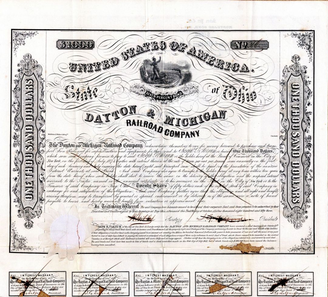 Dayton and Michigan Railroad - 1853 dated $1,000 Railway Bond