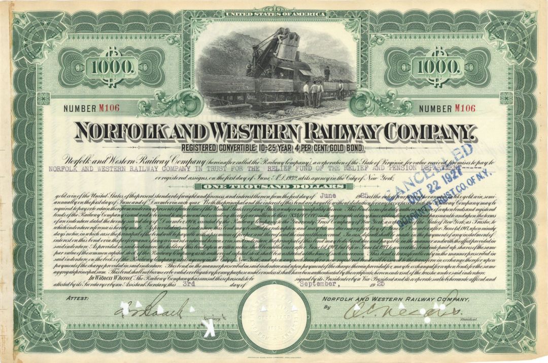 Norfolk and Western Railway Co. - 1920's dated $1,000 Railroad Gold Bond