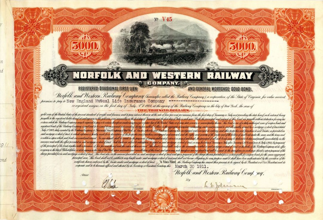Norfolk and Western Railway Co. - 1911-1929 Different Denominations Available - Bond
