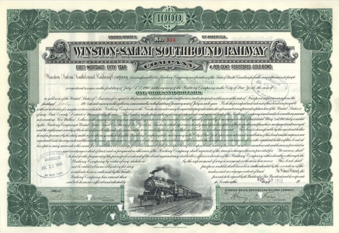 Winston-Salem Southbound Railway Co. Issued to Carnegie Hero Fund Commission - 1912 dated $1,000 North Carolina Railroad Gold Bond 