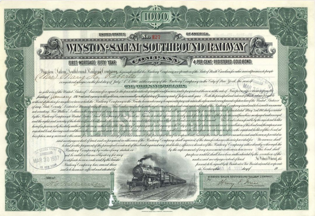 Winston-Salem Southbound Railway Co. - 1912-1955 dated $1,000 North Carolina Railroad Gold Bond 