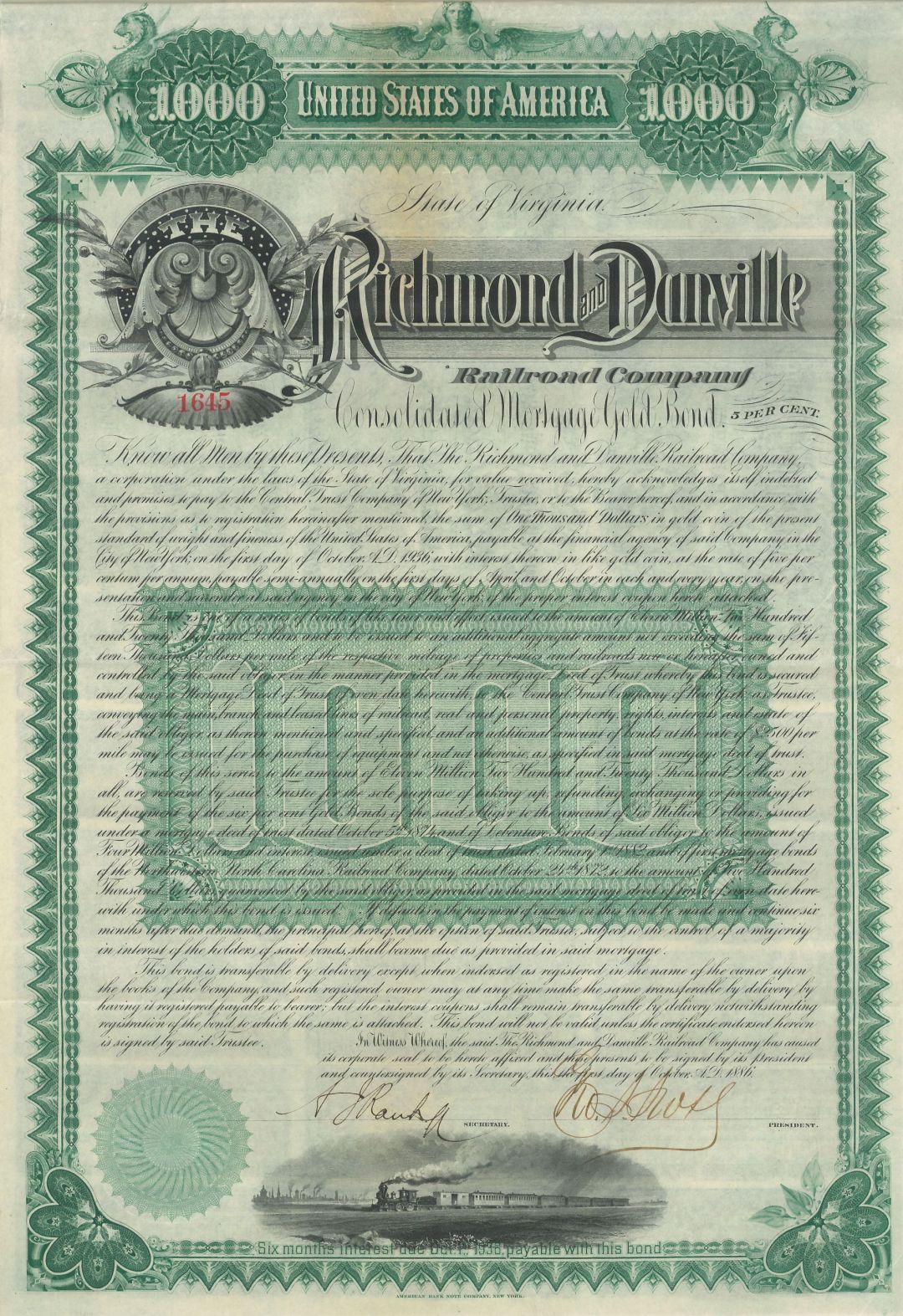 Richmond and Danville Railroad - LAST ONE - 1886 dated Virginia Railway Gold Bond (Uncanceled)