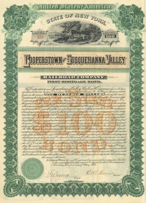 Cooperstown and Susquehanna Valley Railroad - 1888 dated New York Railway Bond (Uncanceled) - Town of the Baseball Hall of Fame